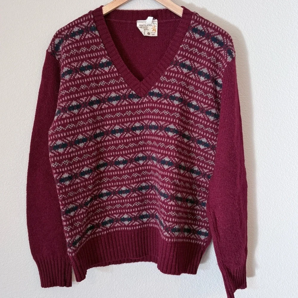 Vintage Shetland Scotland 100% Wool Fair Isle Sweater 44 Old Money Cabincore - Picture 1 of 10